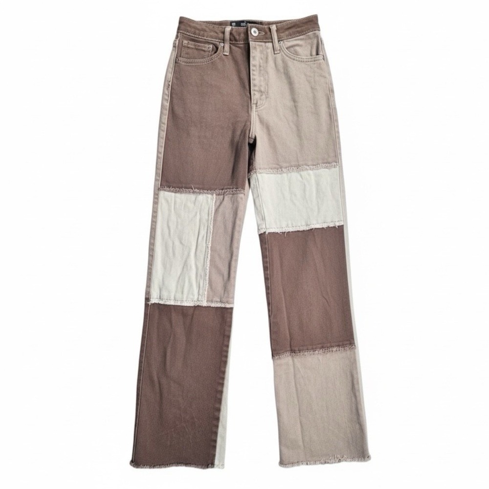 Hollister Ultra High-Rise Dad Jeans Patchwork Brown Beige‎ Cream Sz 00 W23 Women